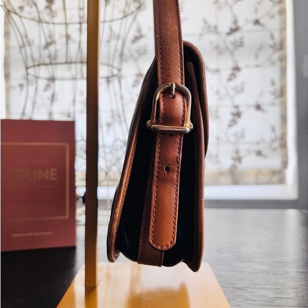 Vintage Celine Paris Blason Black Leather Shoulder Bag Tan Trim Made in Italy - Picture 4 of 16